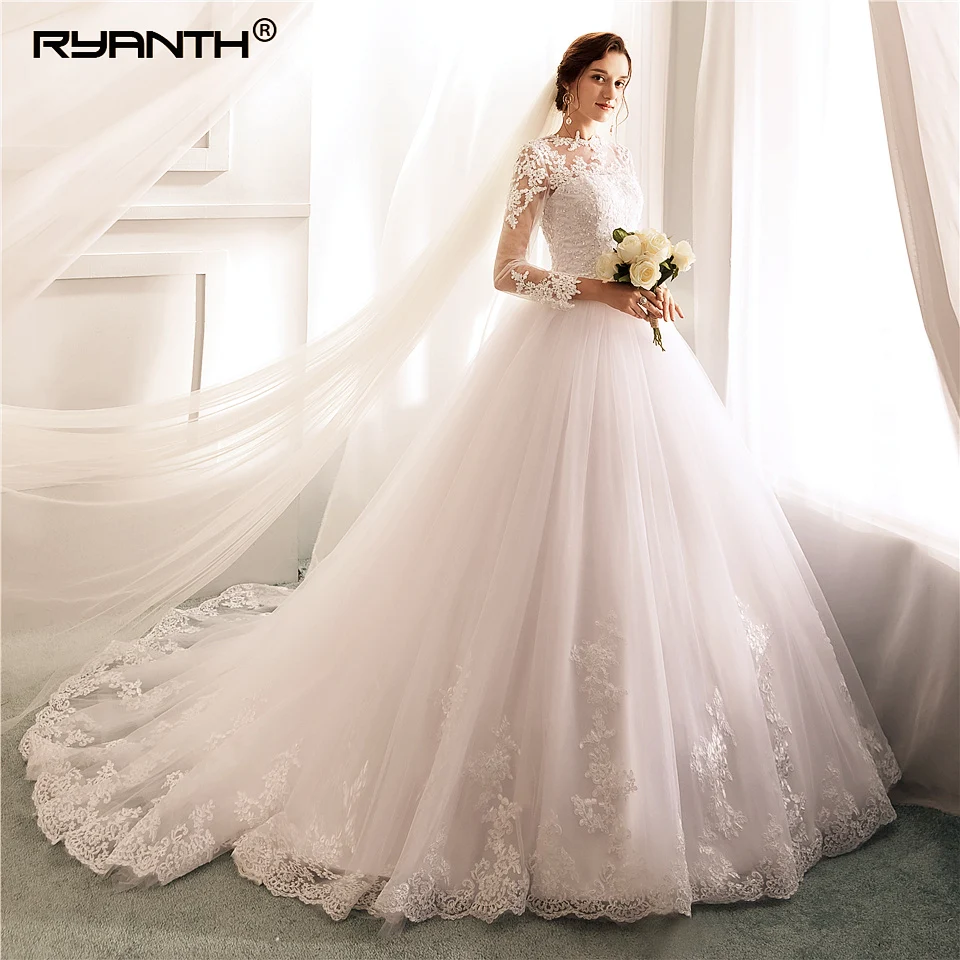 Новинка 2018 бальное платье Ryanth Robe De Mariee с длинным рукавом и круглым вырезом