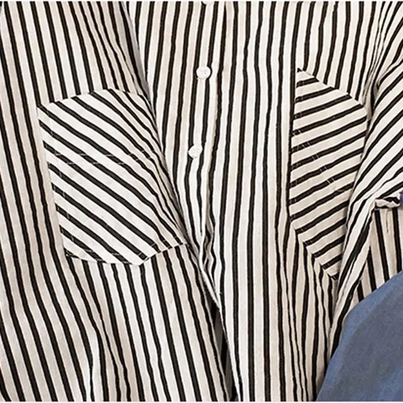 

2019 Spring Vintage Striped Patchwork Female Plus Size Blusas 4XL New Fashion Lace Up Casual Loose Shirts Women Blouse