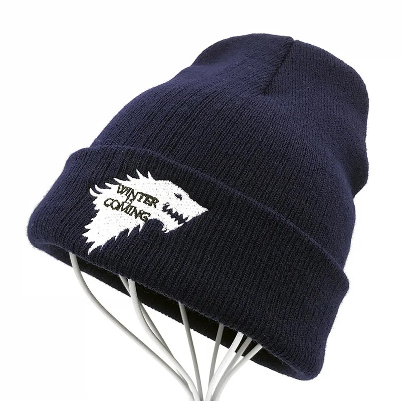 Игра престолов теплая вязаная шапка Skullies House Of Stark зима грядет страшная шапка с дизайном «волк» для взрослых мужчин женщин подростков - Color: Navy Blue