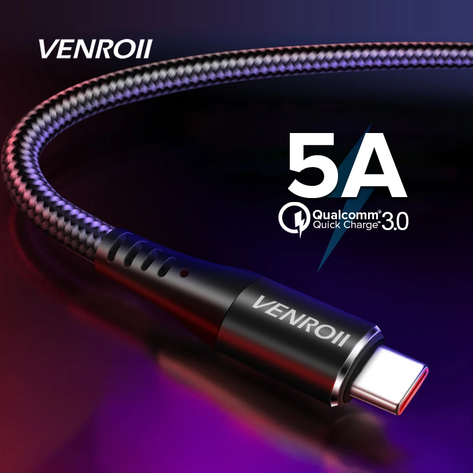 Venroii usb type C кабель SuperCharge для huawei P20 mate 10 20 30 P30 Pro Quick Charge 3,0 4,0 USB C кабель для Honor Nova 5 USBC