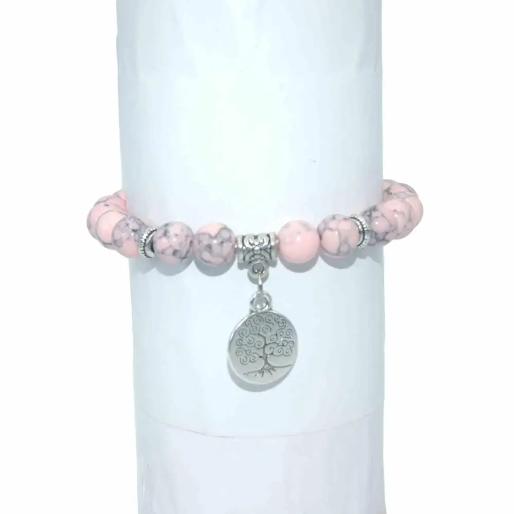 Pink Turquoise Природный камень 8 мм Дерево жизни бусины лазурит тигровый глаз, Агаты мала бусины браслеты для женщин мужчин Йога браслет - Окраска металла: Pink Turquoise