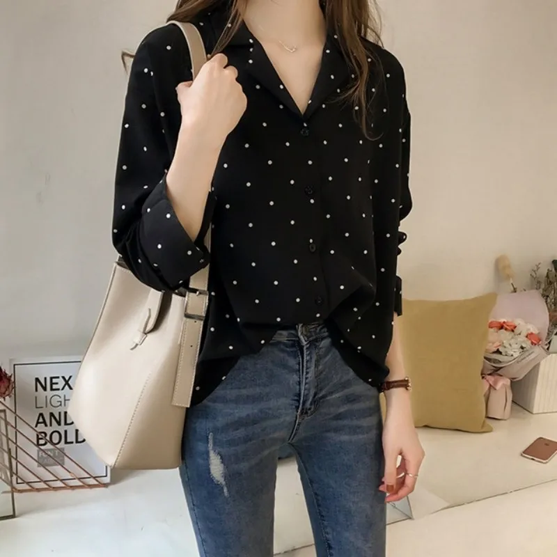 Рубашка женская шифоновая в горошек модная блуза с длинным рукавом свободная