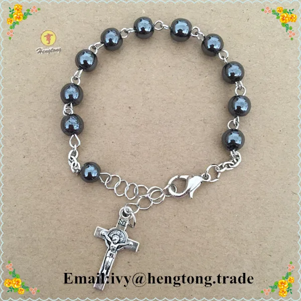 

freeship 6mm hematite beads rosary bracelet,religious catholic bracelet bangle with mimi alloy cross