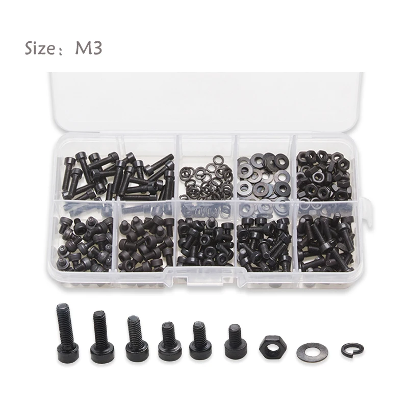 

300Pcs M3 Hexagon Screws Hexagon Socket Head Carbon Steel Bolts Nuts Kits Flat Spring Washers Gaskets Hardware Accessories