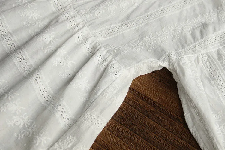 5952 Spring Women Literary floral Embroidered Lantern Three-quarter Sleeve Japan Style O-Neck Loose Cotton Shirts Blouse | Женская