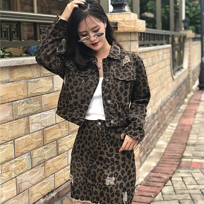 Куртка женская джинсовая в стиле Харадзюку базовая леопардовая одежда из денима