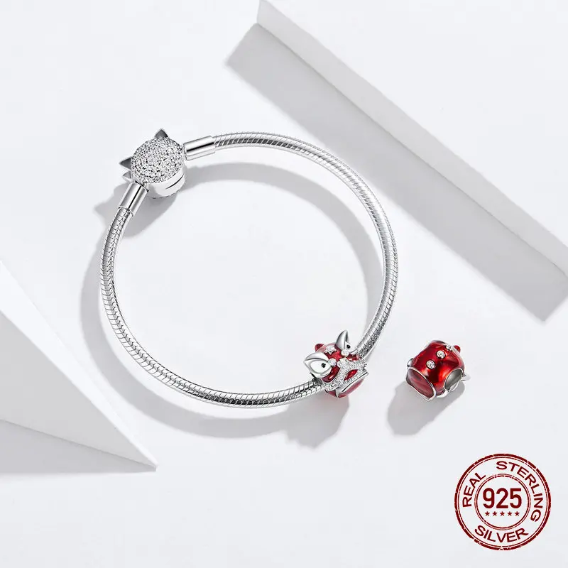 Китайский год красный серебряные бусины 925 пробы подвеска талисманы fit Pandora браслет ожерелье ювелирные изделия