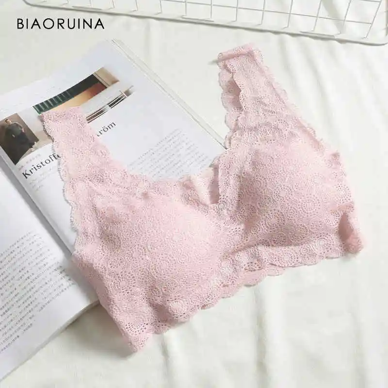 BIAORUINA, 4 цвета, Женские Бесшовные Удобные сплошные кружевные лоскутные сексуальные бюстгальтеры, женские повседневные Бюстгальтеры без косточек - Цвет: Розовый