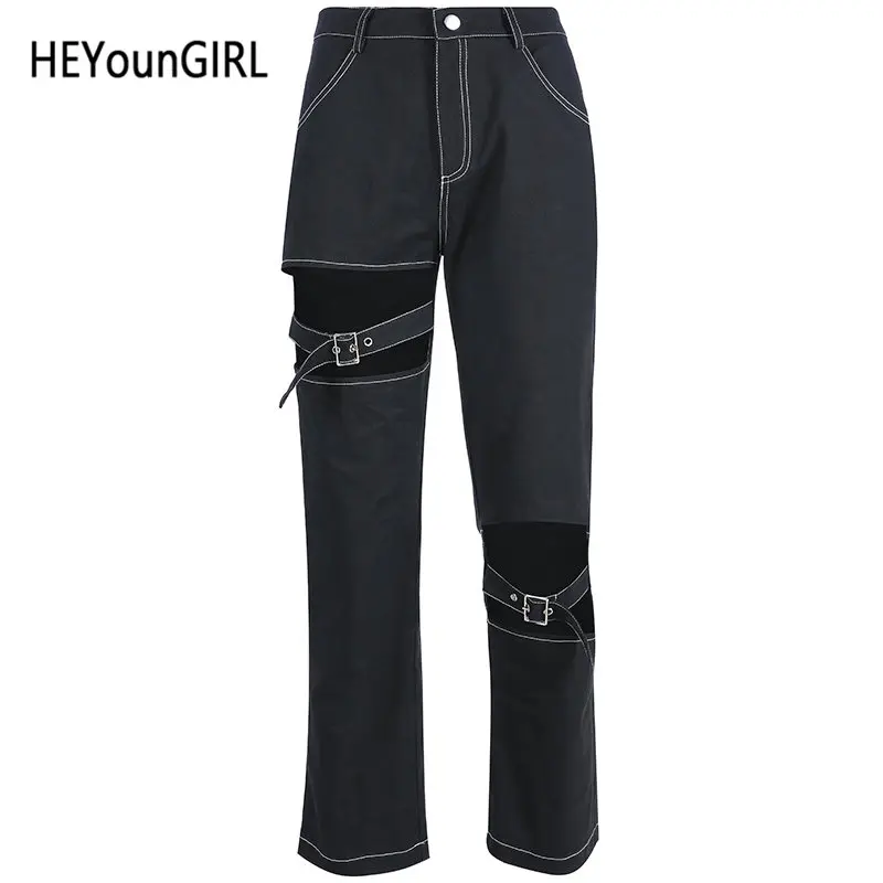 Черный HEYounGIRL повседневные брюки Харадзюку женские черные брюки с высокой талией Капри с вырезами прямые брюки Дамская Готическая летняя уличная одежда - Цвет: Черный