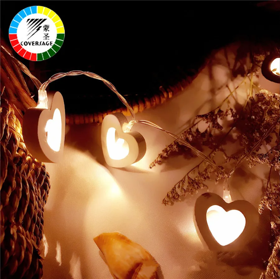 

Coversage 10 Wooden Heart Led Battery Christmas Tree Garland String Xmas Decoration Outdoor Indoor Curtain Fairy Holiday Lights