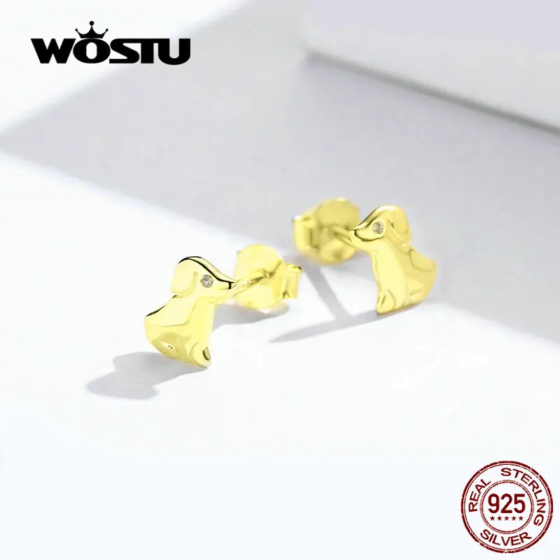 Женские серьги гвоздики в виде собаки WOSTU из серебра 925 пробы золотистого цвета