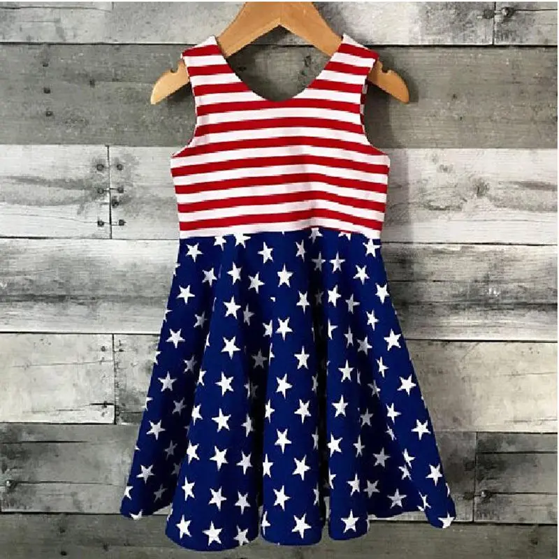 

Kaiya Angel 4th Of Toddler Girl Elegant Dresses Red and White Striped Blue Star Cotton Baby Girl Summer Party Wedding Clothes