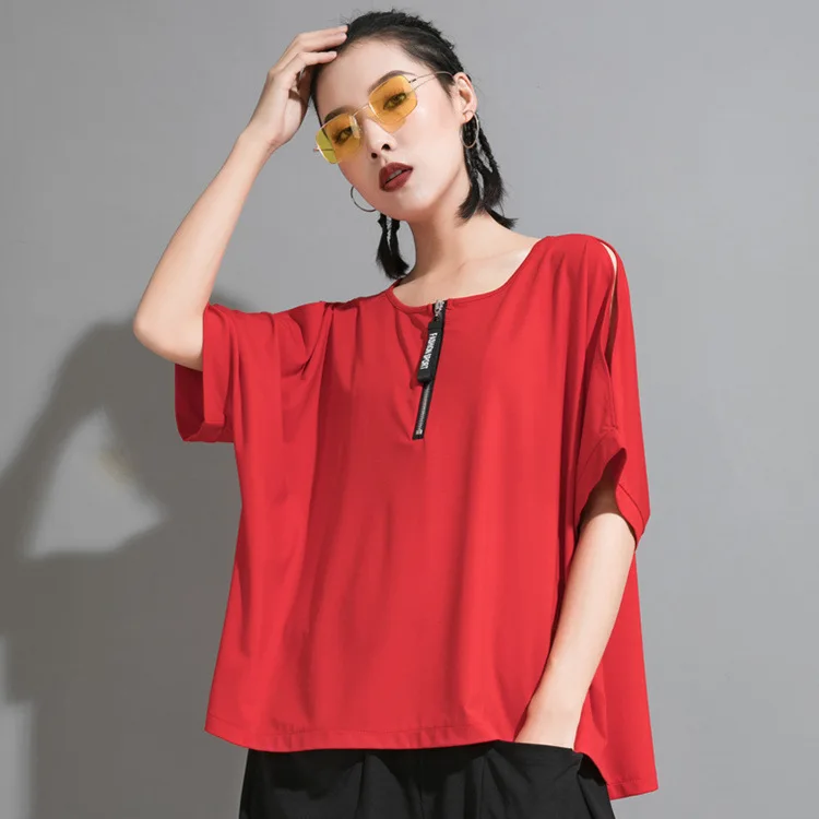Асимметричная женская футболка с открытыми плечами модная на молнии коротким
