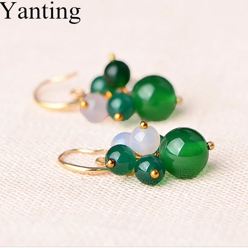 Серьги Yanting женские с натуральным зеленым камнем простые классические ювелирные