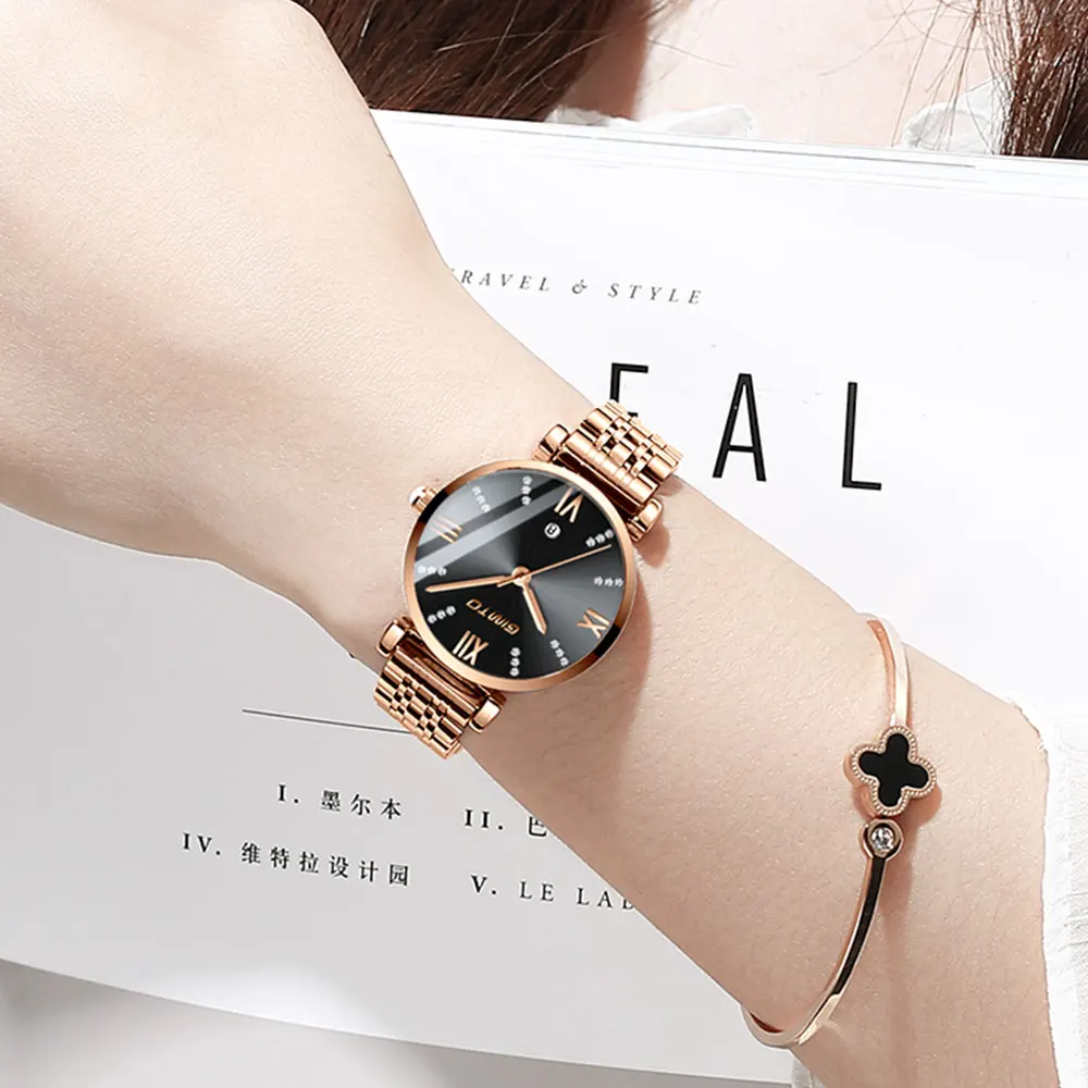 GIMTO розового золота роскошный кристалл женские часы Сталь браслет кварцевые