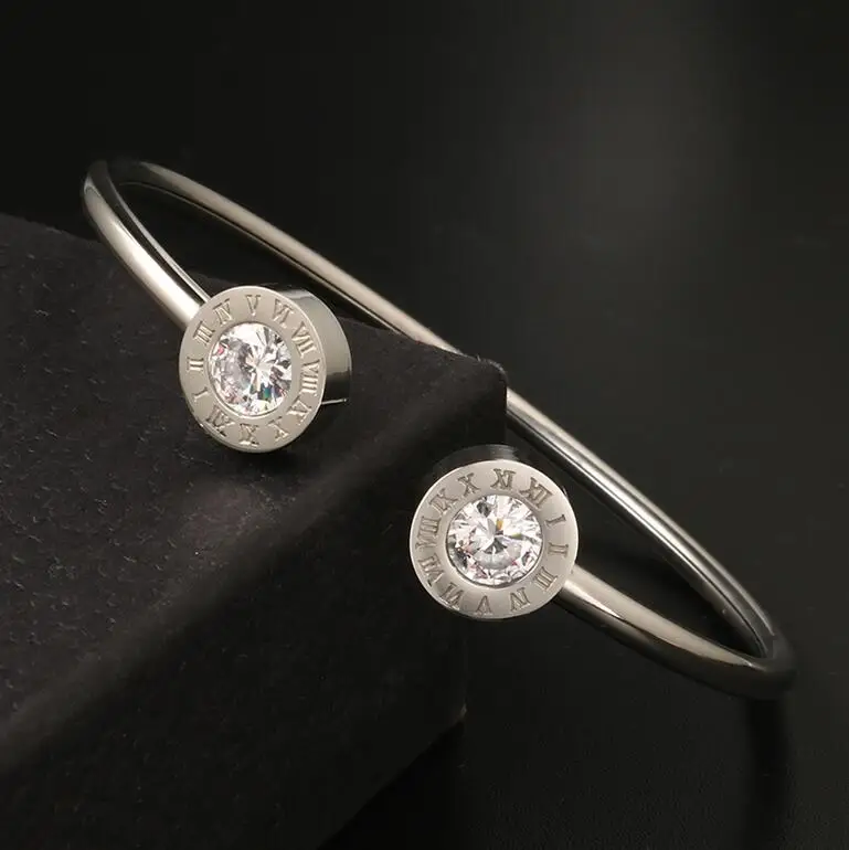 Silver Модный Браслет-манжета из нержавеющей стали для женщин, розовое золото, гибкий браслет с двойным кристаллом для женщин, подарок для девушек - Окраска металла: Silver