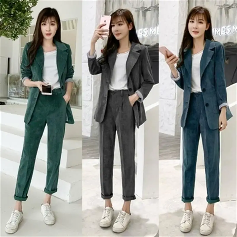 

Fashion corduroy small suit jacket female two-piece spring and autumn New casual British wind suit suit women