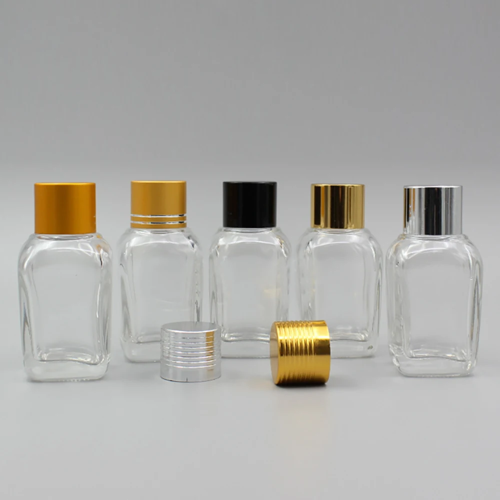 Empty 20ml Square Clear Essential Bottle, Small Glass Container with Lid