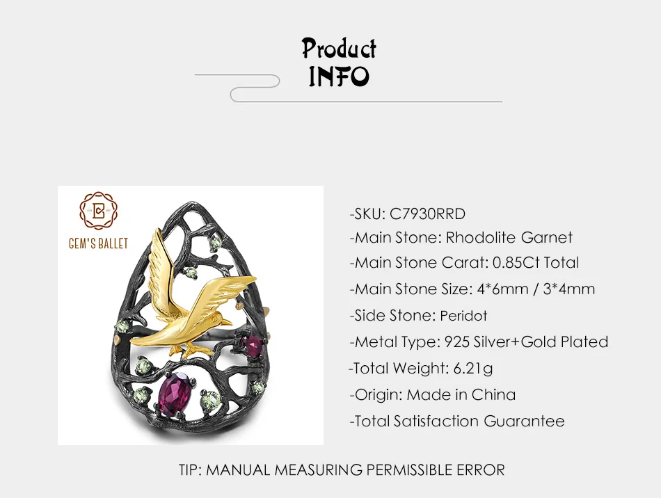 GEM'S балетное 925 пробы Серебряное кольцо ручной работы 0.85Ct натуральный родолит гранат птица дерево Груша Кольца для женщин драгоценные камни ювелирные изделия
