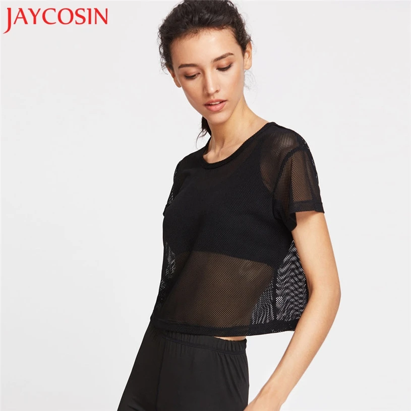 Fashion Summer Cover Up Meshed Top Fitness Shirt Polyester Broadcloth Solid O-Neck Blouse Sexy Mesh Blouse Women Tops