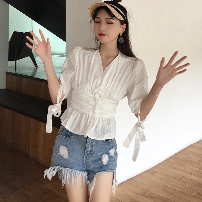 V-neck Blue Blouse Women Puff Sleeve Slim Vintage Korean Design Office Style Casual Shirt Temperament 2019 Summer Vogue |