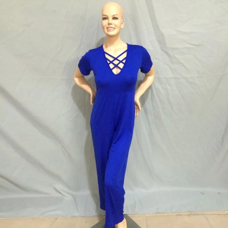 Женский комбинезон синий черный с коротким рукавом и треугольным вырезом |