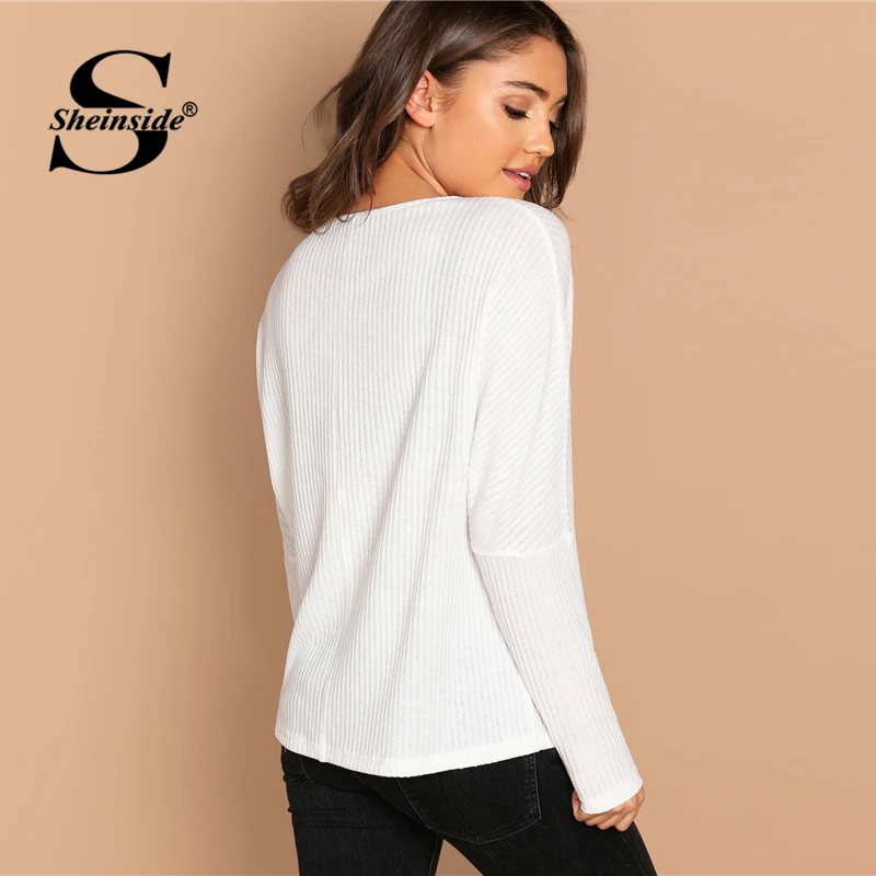 Sheinside, белые футболки, женские, одноцветные, ребристая вязка, футболка для офиса, женские Топы И Футболки, Женский Топ с длинным рукавом,, осенняя женская футболка