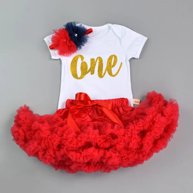 White Red one Дизайн; комплект из 3 предметов; детский хлопковый комбинезон для новорожденных девочек+ многослойная юбка-американка+ повязка на голову с цветами; лучший подарок на день рождения - Цвет: White Red one