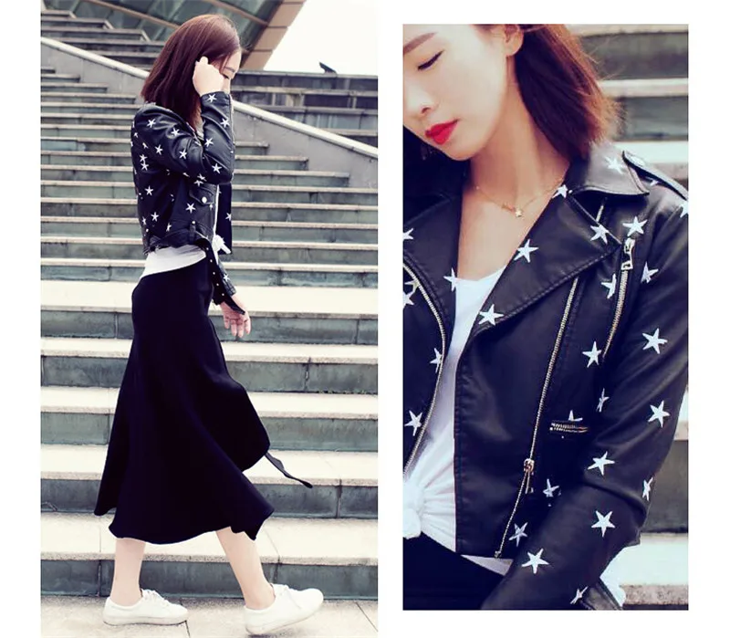 NXH Street Fashion PU Leather Jacket New Womens Star Embroidery Casual Motorcycle Jackets bright streetwear clothes women