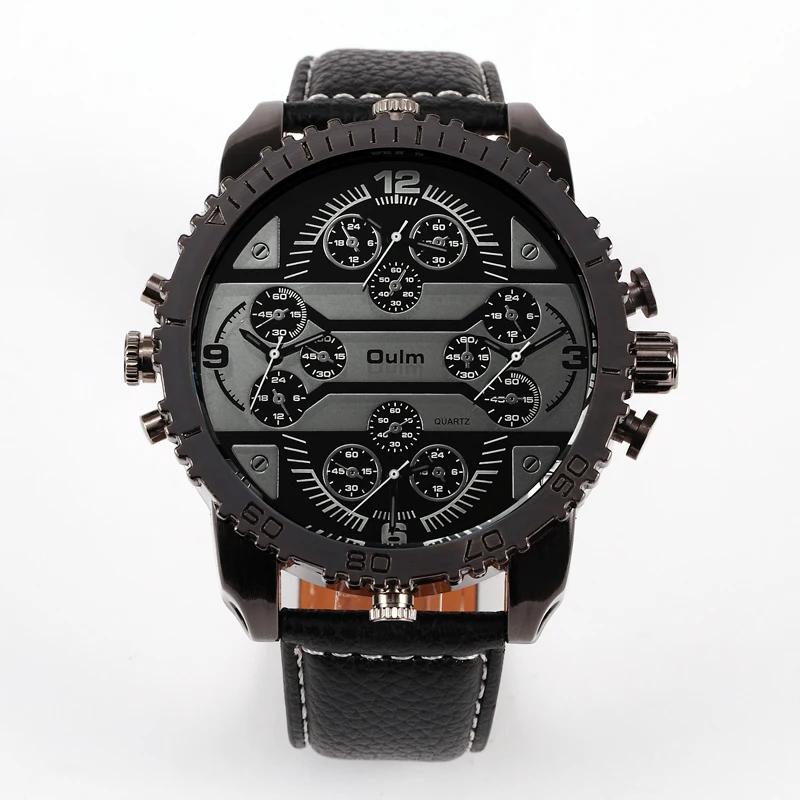

Oulm Mens Big Face Watches 4 Time Zone Leather Band Casual Japan Quartz Movement Wrist Watch Luxury Timepiece