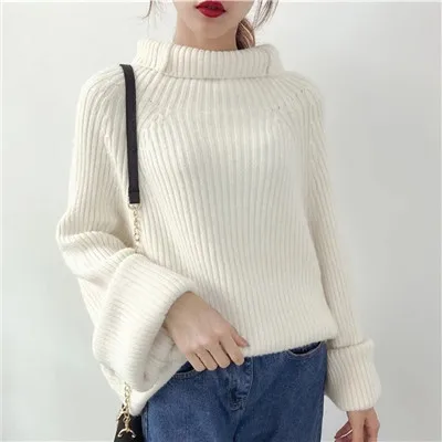 White XIKOI осенние женские свитера с высоким воротом, свободный размер, Длинные свободные пуловеры и свитера с расклешенными рукавами, модные вязаные свитера, джемперы - Цвет: White