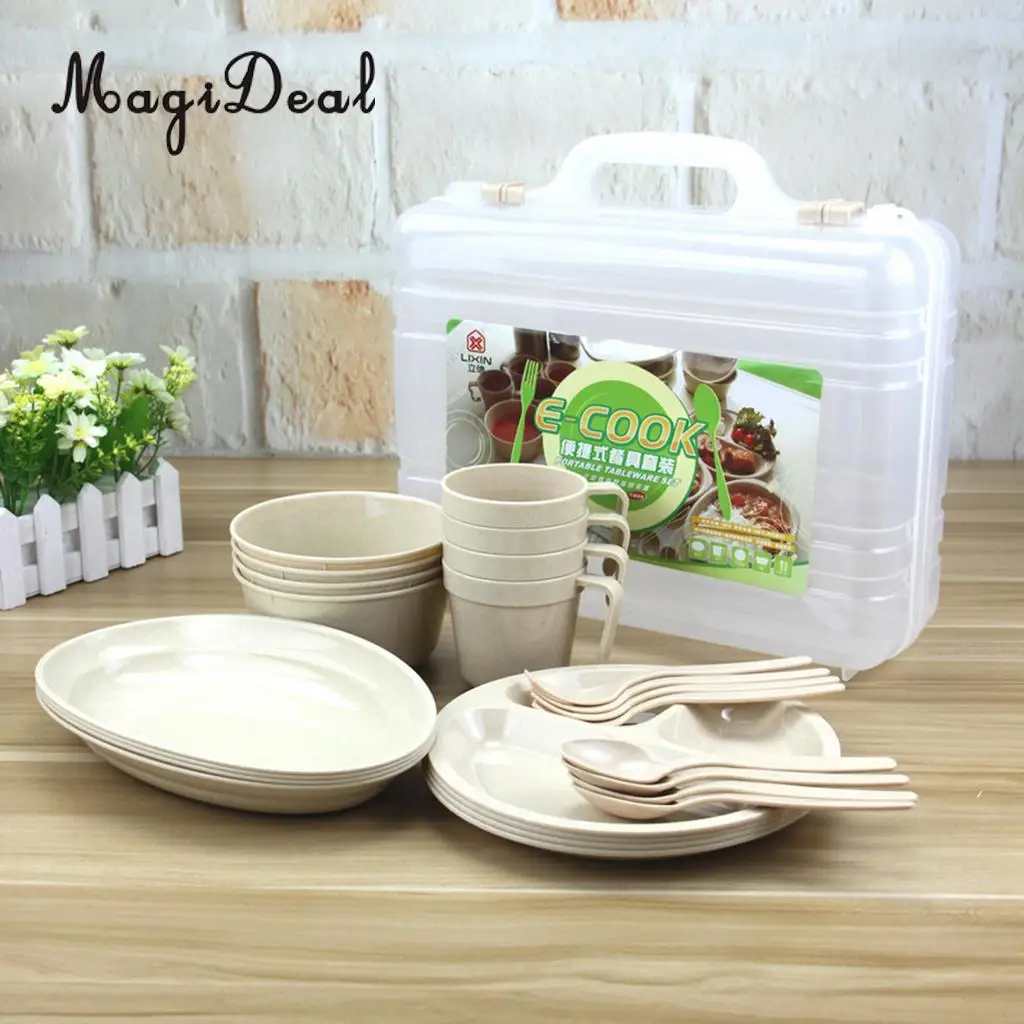 MagiDeal, 24 шт.(4 кружки, 4 миски для супа, 4 ложки, 4 вилки, 8 тарелок), для еды, многоразовые, для улицы, вечерние, для пикника, кемпинга, набор посуды