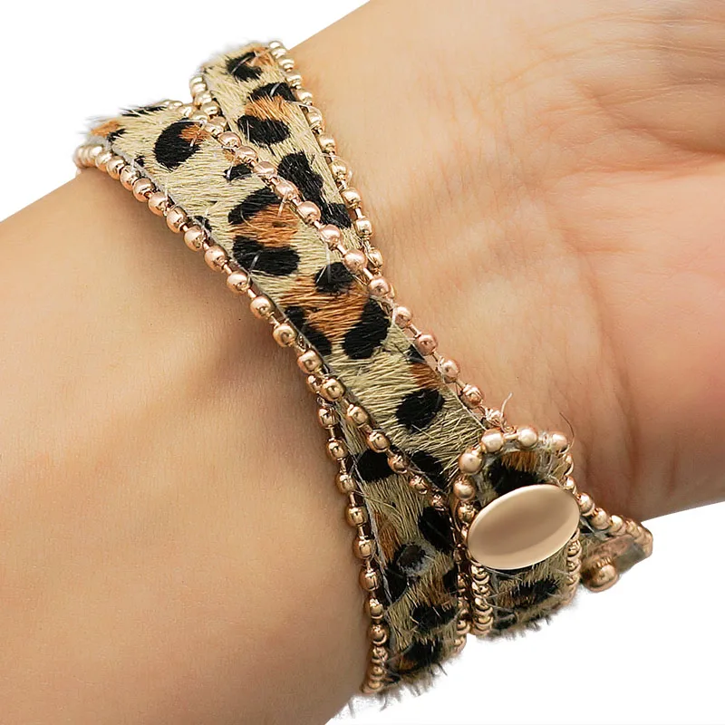 Новая технология 2 слоя конский волос леопардовые кожаные браслеты с застежкой