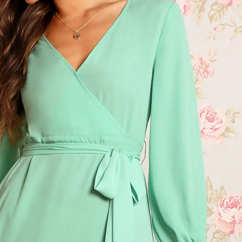SHEIN Длинное Платье На Запах С Глубоким V-Образным Вырезом, Легкое Летнее Платье С Поясом И Длинными Рукавами