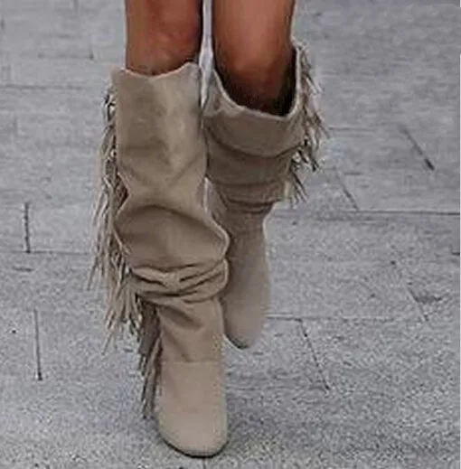 Latest name tassel knee high women winter boots fashion side fringe high heel long suede leather boots hot selling boots