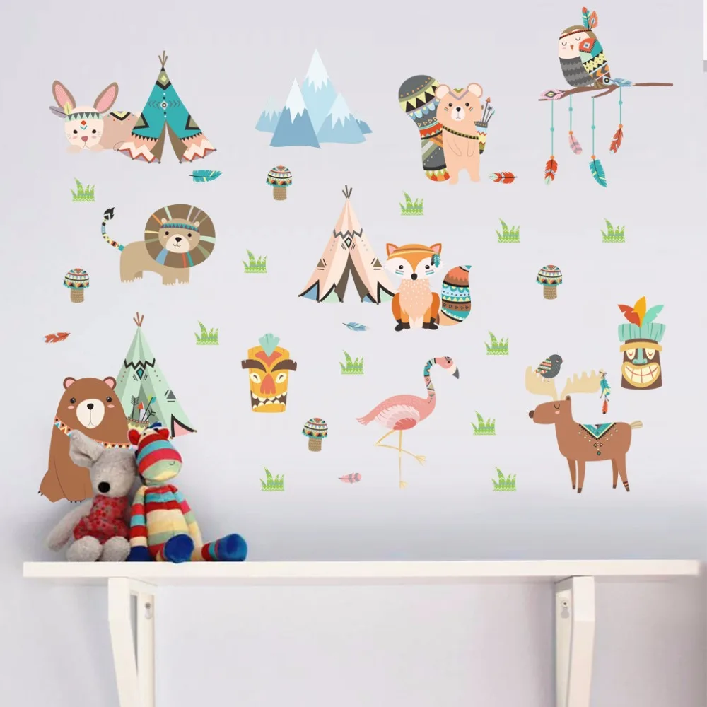Indian style cartoon animals wall stickers kids room bedroom nursery decor decals eco-friendly diy wallpaper art murals dc8 | Дом и сад