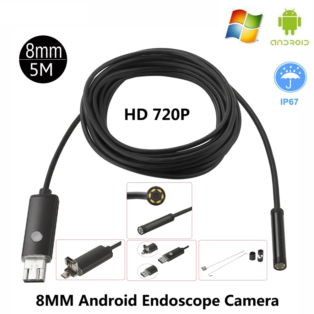 

USB-эндоскоп 2 в 1, 8 мм, HD, 1 м, 5 м, 10 м, 6 светодиодов, для Android, водонепроницаемый, IP67, Бороскоп, трубчатая камера, OTG, телефон на Android, 720P