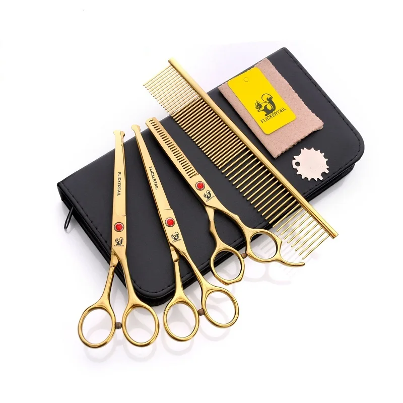 

4.5 6.5 inch 4pc set Round-headed Professional pet scissors cat dog grooming High Quality Straight Thinning Curved Scissors