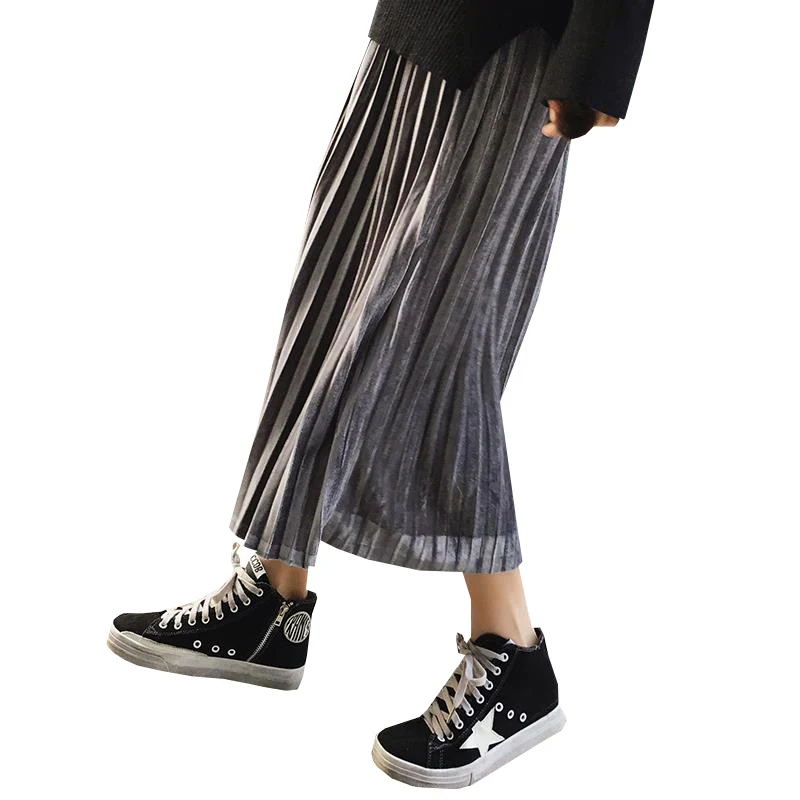 Женская Вельветовая юбка длинная Плиссированная средней длины с высокой талией