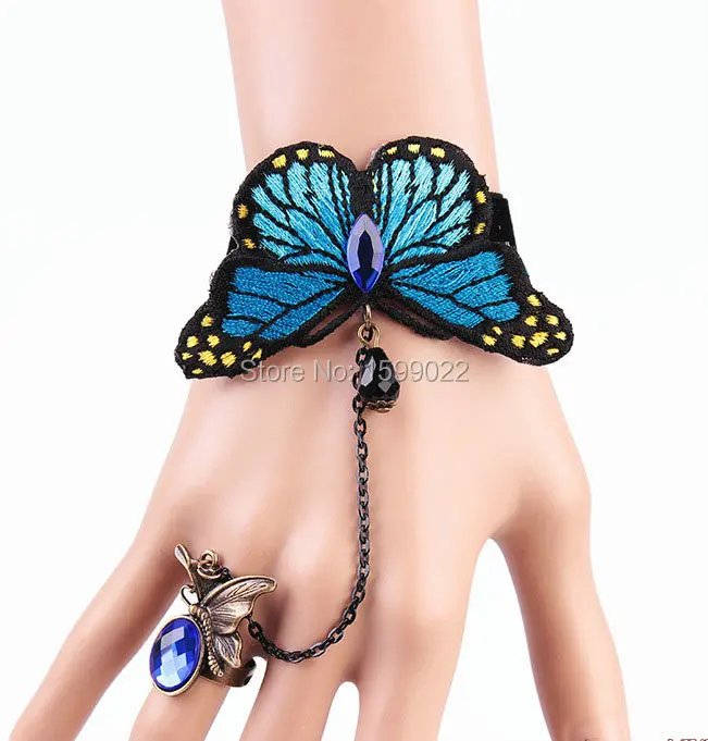 

Handmade Adjustable Embroidered Butterfly Bracelet Friendship Blue Rinestone Finger Decorations Female Teenager Wrist Jewelry