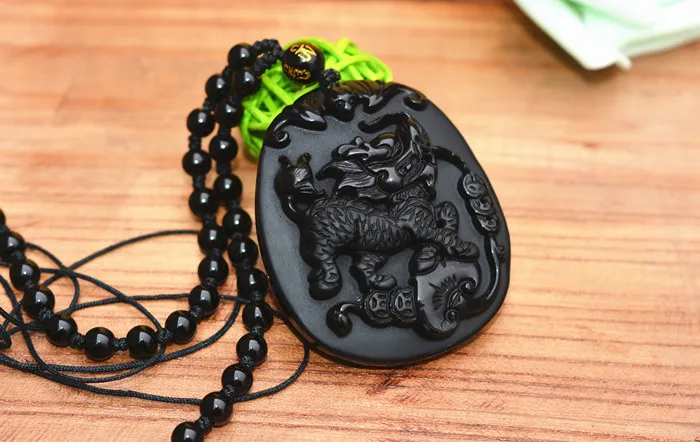 Черный обсидиановый каменный кулон китайский бог зверь Кирин ожерелье удачный