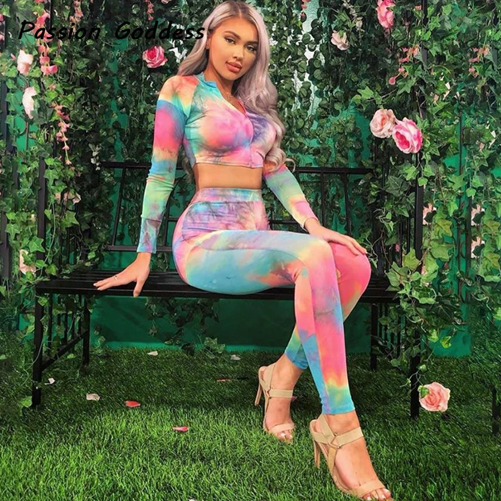 

Colorful Printed 2 Piece Matching Sets Women Fitness Suits Outfits Tracksuits Long Sleeve Zipper Shirts Tops Leggings Jogger Set