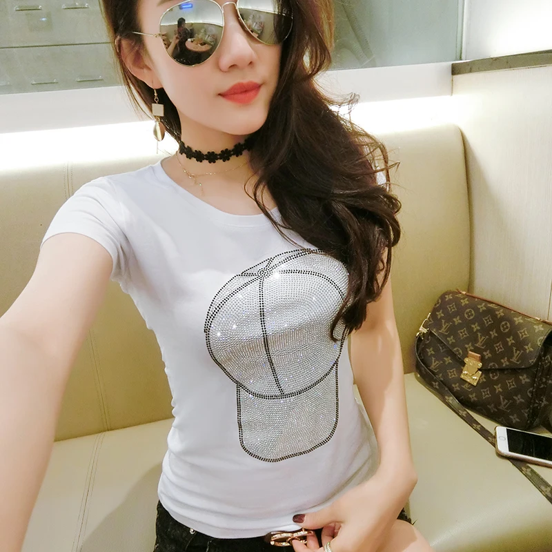 Женские футболки стразы летние топы женская футболка с бриллиантами женские 2021
