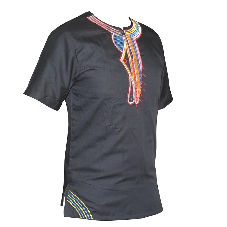 Черный Dashikiage новые мужские африканские с коротким рукавом хиппи винтажные Необычные высокой Племенной вышивкой топ - Цвет: Черный
