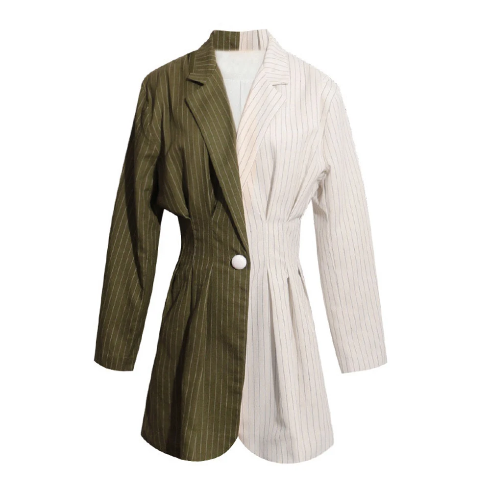 Women Autumn Suit Pattern Striped Color Block Turn-down Collar Single Button Slim Cotton Jacket Green Navy Blue FS0676 | Женская одежда