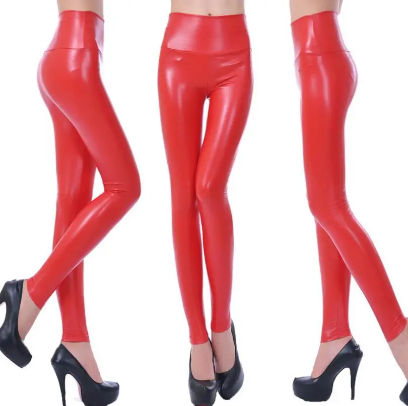 K303 Red Женские кожаные леггинсы, штаны, леггинсы с высокой талией, эластичные Блестящие Брюки, зимние облегающие Женские брюки, женские брюки-карандаш - Цвет: K303 Red