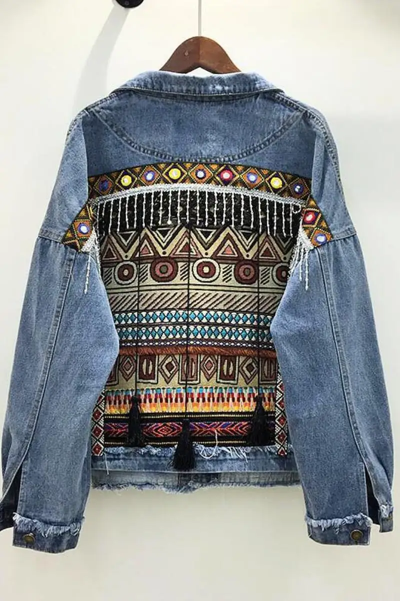 

2019 Promotion Full Jaqueta Feminina Bomber Jean Jackets Women Heavy Work Handmade Beaded Loose Long-sleeved Jacket Female
