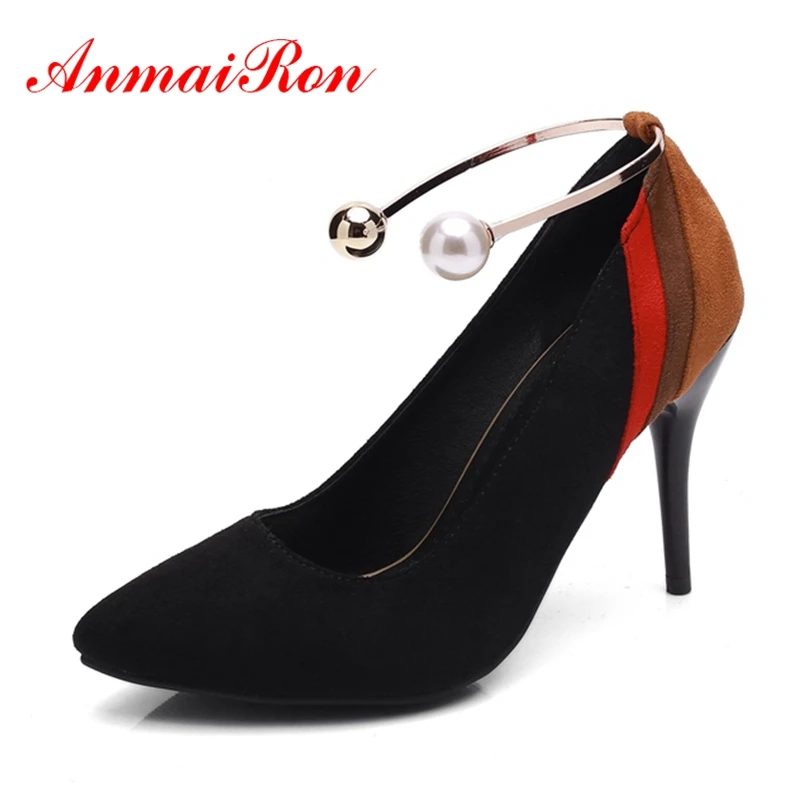

ANMAIRON High Heels Women Pumps Spring Pointed Toe Dress Office Shoes Women shoes Flock Thin heels Metal decoration Patch CR162