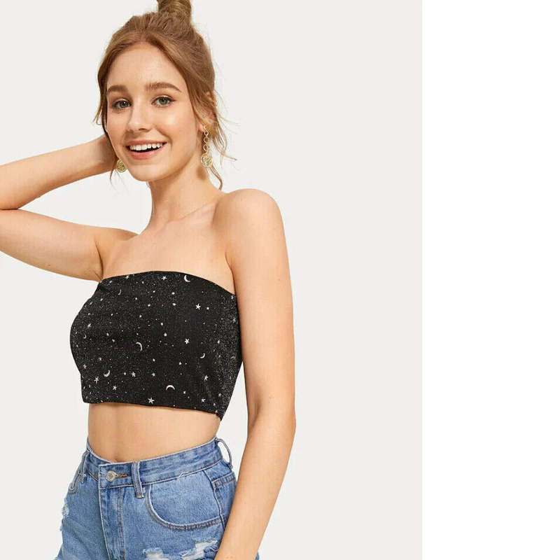 Fashion Sexy Bra Tube Tops Women Black Bandeau Sequin Shiny Top Crop Tube Tops Lady Strapless Bustier Bralette Clothes Clubwear
