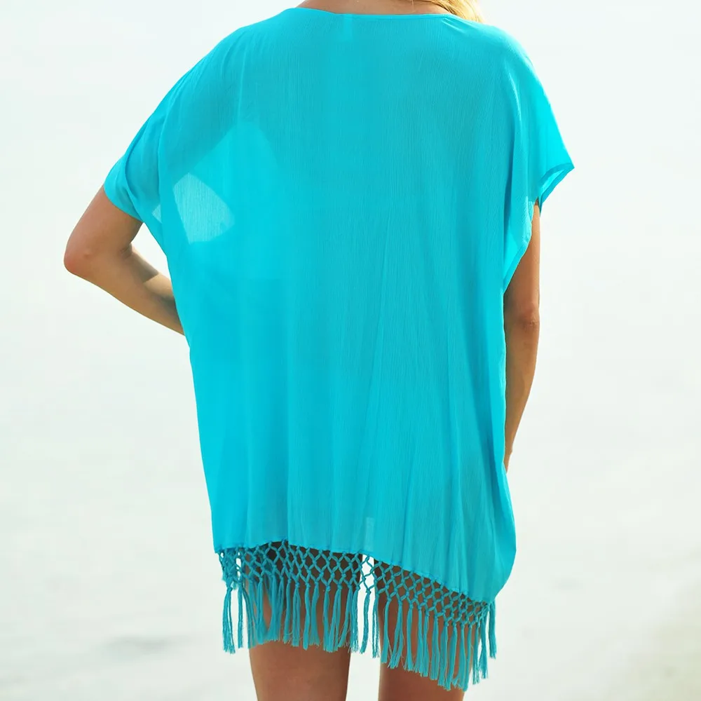 New Chiffon Beach Tunic Women Beachwear Female Sexy Summer Bikini Cover Up Solid Colors Hollow Out Tassel Mini Dress S1568 |